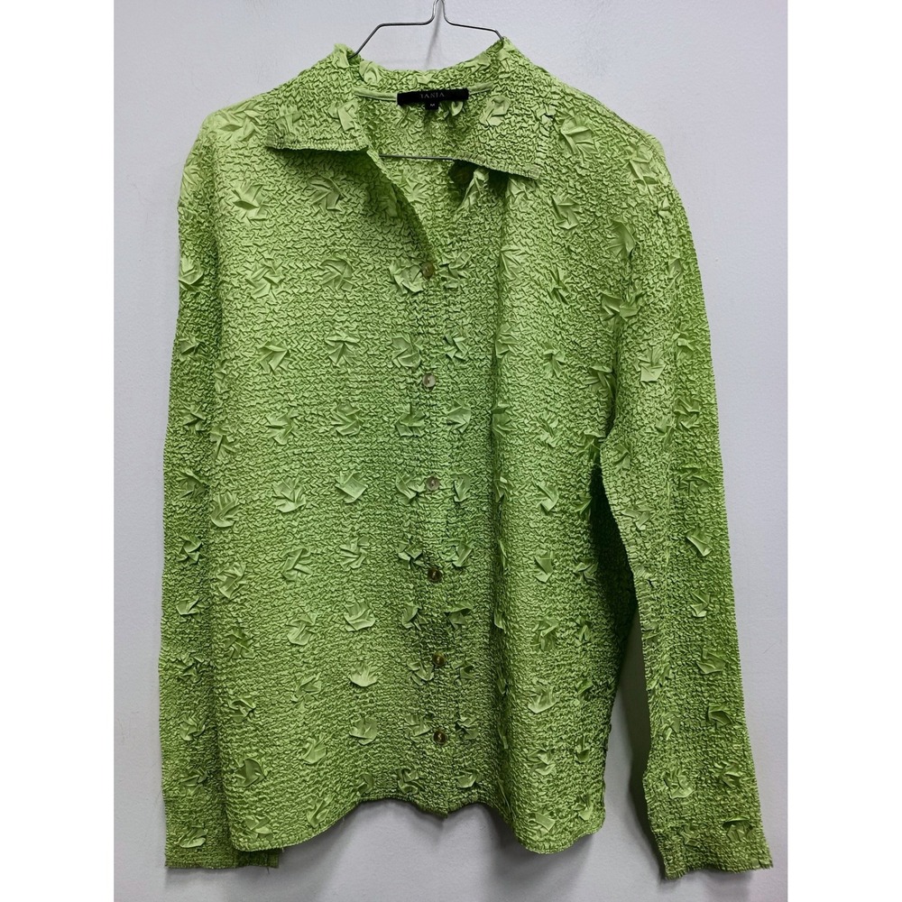 TANIA Wearable art Y2K Top Womens Medium Green Textured Button‎ Up Long Sleeve